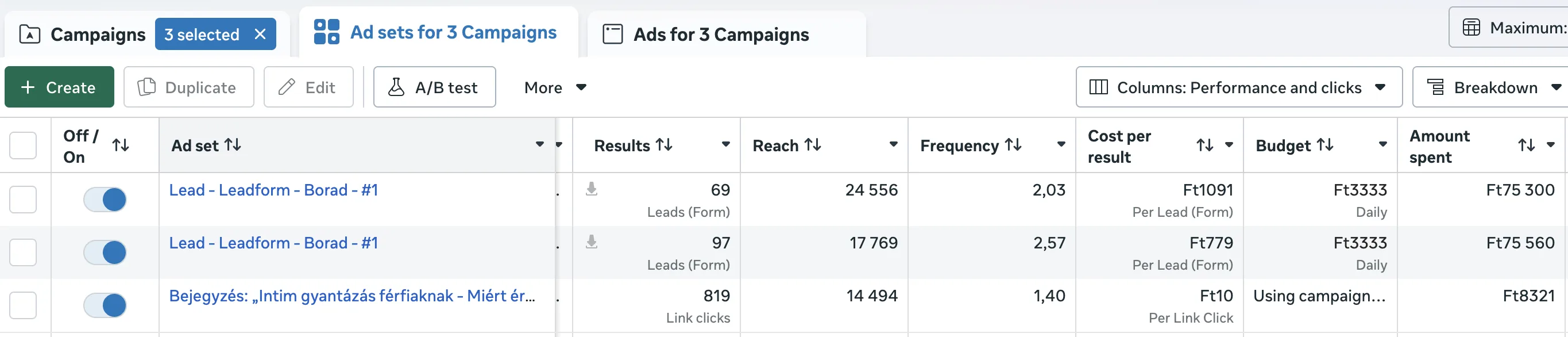 FM Szépségszalon (Intim Gyanta Zugló), Lead-form ad sets + Content boost · Meta Ads Manager